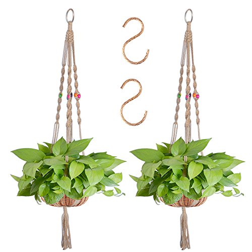 Zealor 55 Inches Plant Hanger Macrame Jute 4 Legs Plant Holder With Extra S Shaped Hooks Pack Of 2  With Colored