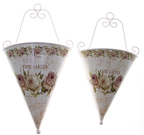 JustNile Hanging Flower Planter Pot - Set of 2 Metal Conical Rose Garden