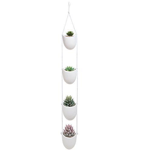 White Ceramic Rope Hanging Planter Set With 4 Flower Pots Plant Containers  Decorative Display Bowls