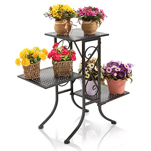 3 Tier Black Metal Scrollwork Design Planter Display Stand  Plant Pot Shelf Rack With Perforated Shelves