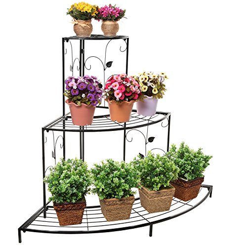 Black Floral Design Metal Step Style 3 Tier Corner Shelf Flower Pots Planters Display Stand  Shoe Rack