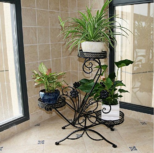 Dazone 3-tiered Scroll Decorative Metal Garden Patio Standing Plant Flower Pot Rack Display Shelf Holds 3-flower
