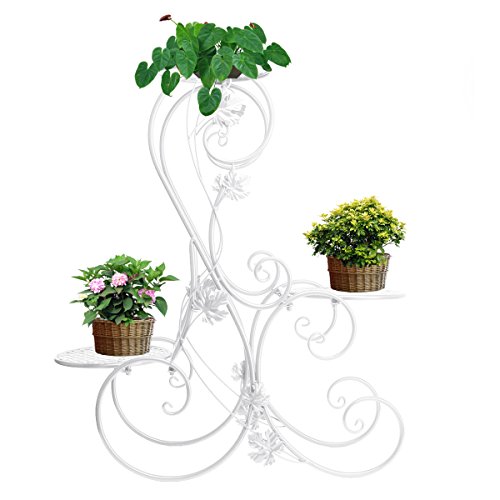 KAIM Decorative Metal Elegant Flower Design 3 Tiers Plant Stand Flower Pot Shelf Potted Plant Rack White