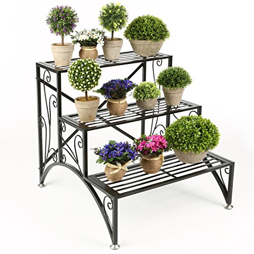 MyGift 3 Tier Planter Rack Step Style Folding Plant Pot Shelf Stand Black