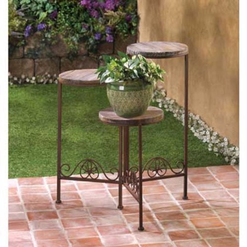 Round Bronze Brown Metal Wood 3 tier Shelf Flower Pot Curio Shelves Plant Stand