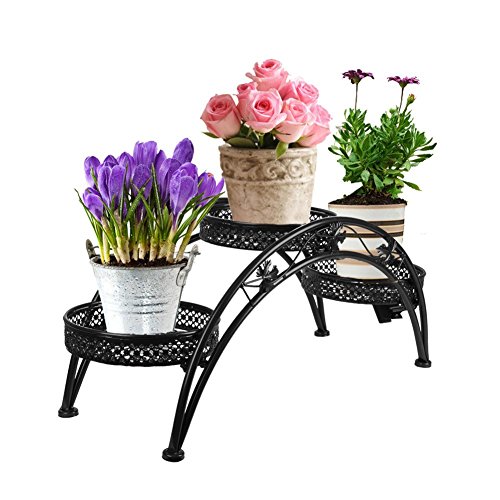 Dazone Wrought Iron Pot Plant Stand for Three Plants Indoor or Outdoor Garden Patio Decor Arch Design Black