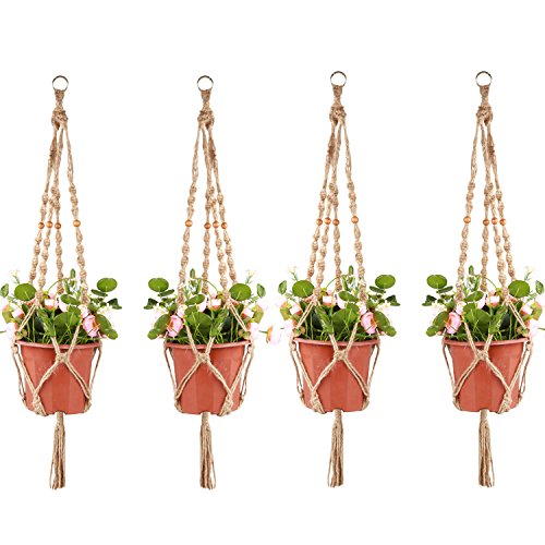 Accmor 4 Pack Plant Hanger 4 Legs 33ft with Beads and Silver Ring - Strong Handmade Jute Indoor Outdoor Patio Deck Ceiling Plant Holder for Round Square Pots - Retro Feeling Unmatched Finesse