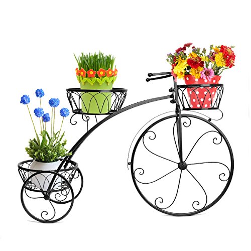 Dazone Black Vintage Parisian Style Tricycle 3 Tier White Metal Planter Display Stand Flower Pot Holder Plant
