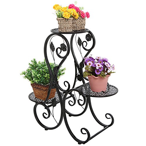 Decorative Black Metal Scrollwork Leaf Design 3 Tier Potted Plant Stand Flower Pot Holder Display