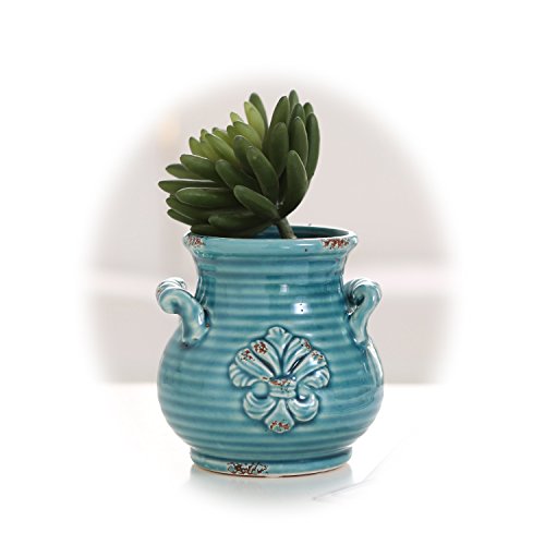 Small Blue Rustic French Fleur-de-lis Design Ceramic Plant Flower Planter Pot  Desktop Pencil Holder