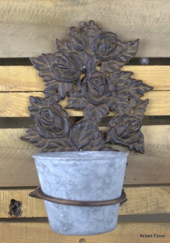 Ornate Roses Garden Cast Iron Wall Mounted Plant Pot Holder 6&quot Large Pot Brown