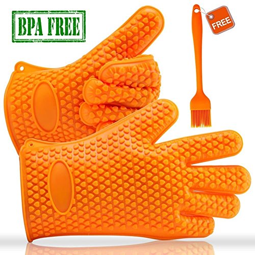 Qliver Silicone Grilling BBQ Gloves for CookingSmoking Easy Cleaning Heat Resistant Barbecue Grill Gloves with 1 Silicone Basting Brush for Baking Oven Potholder Orange