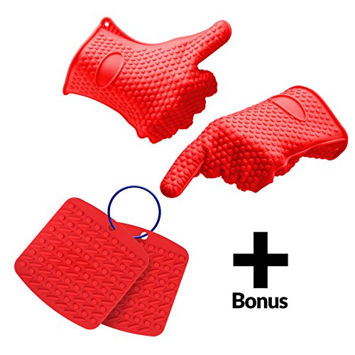 Silicone Heat Resistant Cooking, Oven Gloves For Bbq, Grilling, Baking, Potholder, + - Bonus - Hot Pads To Protect