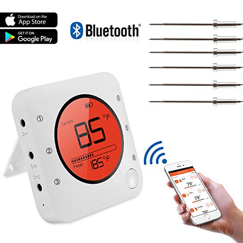 Meat Thermometer Bluetooth Wireless Digital Grill ThermometerSmart BBQ Thermometer with 6 Upgraded Stainless Steel Probes APP Remote Alarm Monitor for Grilling Smoker Oven BBQ and Cooking