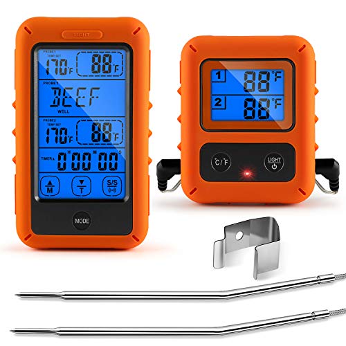 Veken Meat Thermometer for Grilling Wireless BBQ 2 Probe Touch Screen Digital Instant Read Smoker Grill Thermometer with Large LCD 328feet Cooking Thermometer for Oven Roasting Orange