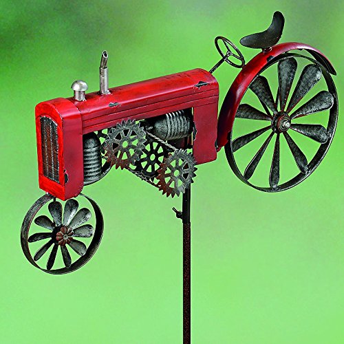 The Americana Red Farm Tractor Garden Spinner Vintage Style Stake Decoration Rustic Red With Antiqued Finish