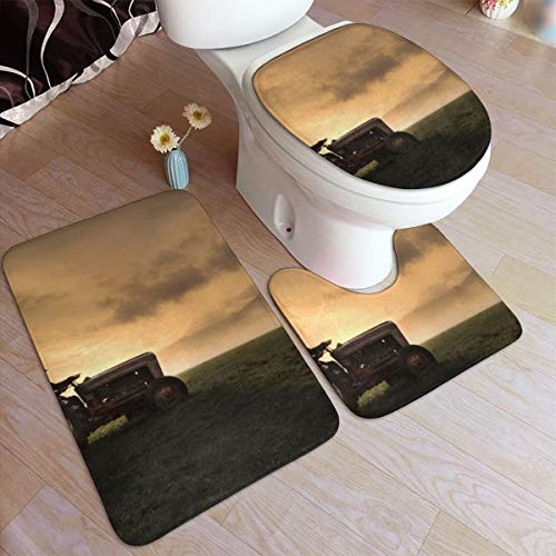 GHWSgGN Farmer Riding A Tractor Bathroom Rug Mats Set 3 Piece Fashion Anti-Skid Pads Bath Mat  Contour  Toilet Lid Cover