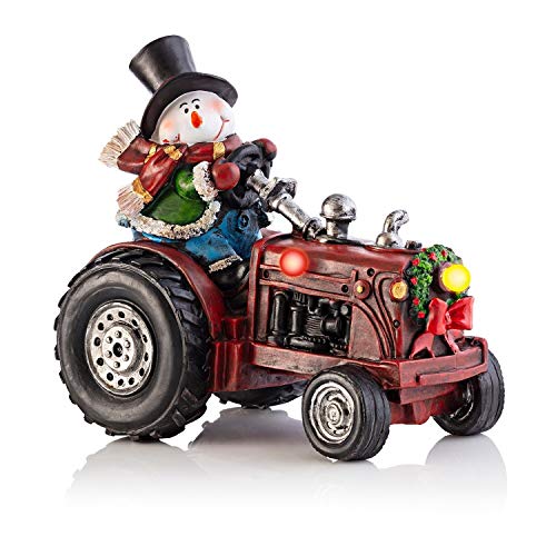 Snowman Riding Tractor Statue with Led Lights Multi Color Metal