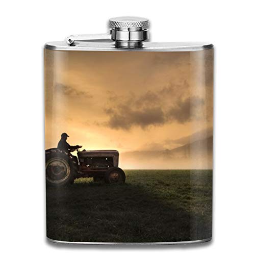 Steel Stainless FlaskFarmer Riding A Tractor Pocket FunnelScrewed Top Liquor Alcohol Whiskey Spirits Hip for Men7 OZ