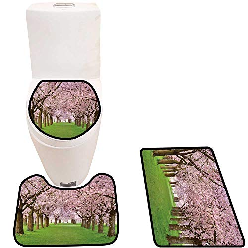 Bathroom Non-Slip Floor Mat Rows of Beautifully Blossoming Cherry Trees on a Green Lawn Machine-Washable