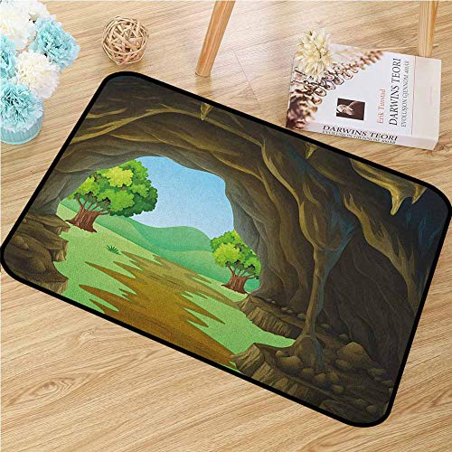 GUUVOR Cave Front Door mat Carpet Rock Shelter in Countryside with Distant Hills Green Trees and Lawn Machine Washable Door mat W354 x L472 Inch Pale Brown Green Pale Blue