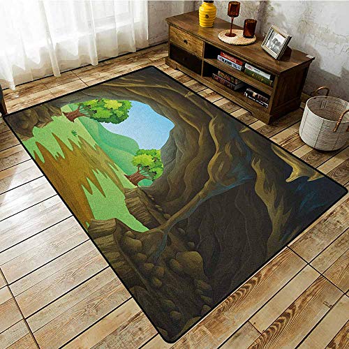 Living Room Rug，Cave，Rock Shelter in Countryside with Distant Hills Green Trees and Lawn，Machine-WashableNon-Slip Pale Brown Green Pale Blue