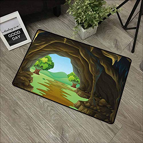 RelaxBear Cave Front Door mat Carpet Rock Shelter in Countryside with Distant Hills Green Trees and Lawn Machine Washable Door mat W315 x L472 Inch Pale Brown Green Pale Blue
