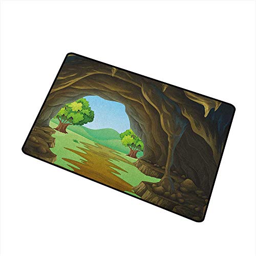 Wang Hai Chuan Cave Front Door mat Carpet Rock Shelter in Countryside with Distant Hills Green Trees and Lawn Machine Washable Door mat W236 x L354 Inch Pale Brown Green Pale Blue