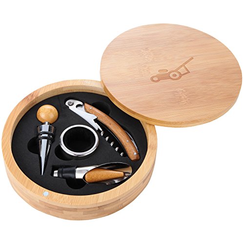 Lawnmower Wooden Accessories Company Wine Tool Set - Portable Wine Accessory Kit With Laser Engraved Design - Bamboo Wine Gift Set For Men And Women