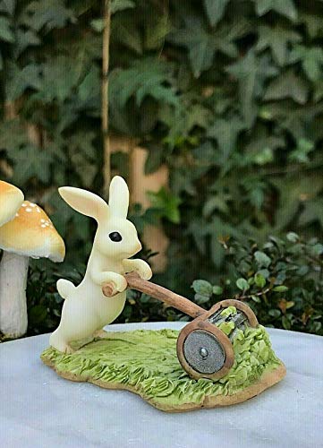 Miniature Fairy Garden Figurine ~ Mini White Bunny Rabbit Gardener Mowing Lawn