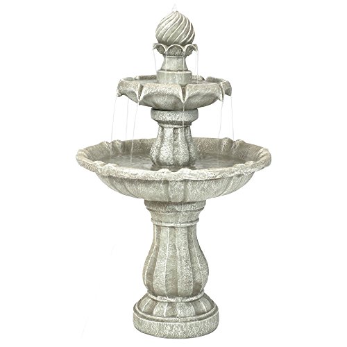 Sunnydaze 2-Tier Solar Powered Outdoor Water Fountain with Battery Backup - Outdoor Garden and Patio Decor Waterfall Feature - White Earth Finish - 35 Inch
