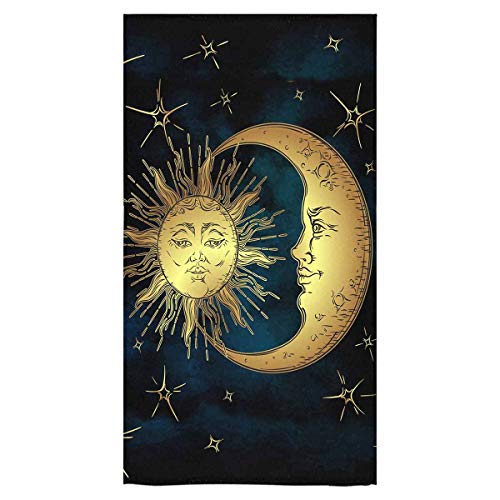 INTERESTPRINT Antique Boho Golden Sun Moon and Stars Over Blue Sky Large Bath Towel Gym Yoga Wash Towel Drying Cleaning Towels for Hotel Spa Salon Gym Bathroom 30x56 Inch