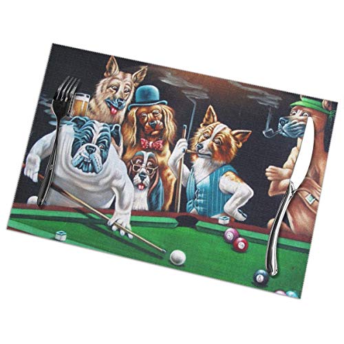 AWWMQ Dogs Playing Pool Table Mats Set of 6 Washable Heat Insulation Non-Slip Placemat for Dining Table Mats 12x18 Inch