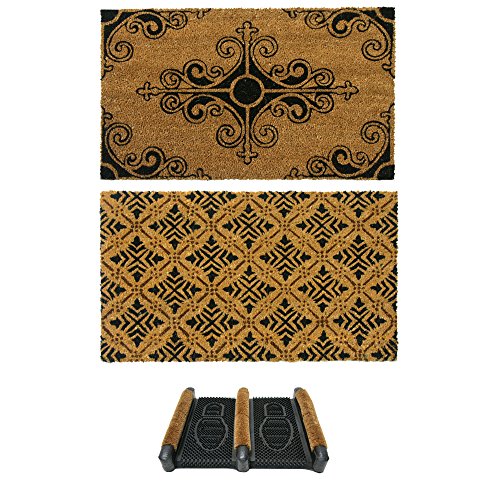 Rubber-Cal 2 French Provincial Coir Front Doormats and 1 Boot Scraper