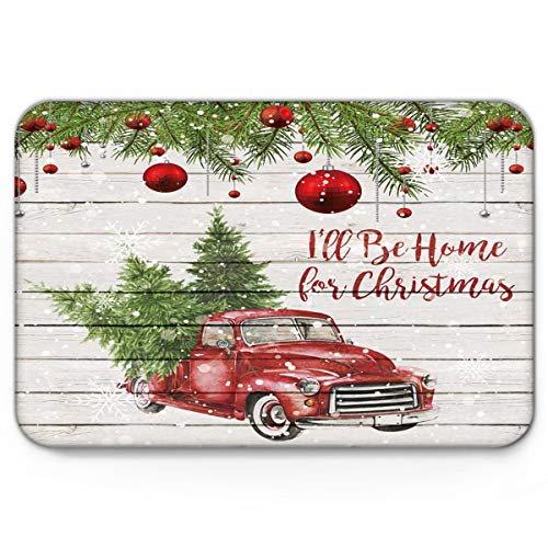 Doormats for IndoorFloorPets Red Pickup Truck with a Christmas Tree on Wood-Textured Background Funny Inside Non Slip Backing Welcome Mats Mut Dirt Shoes Scraper Mat Rugs Carpet 16 x 24