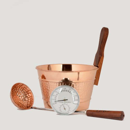 Luxury Finnish Sauna Bucket In Copper Matching Ladle And Thermometerhygrometer Kit