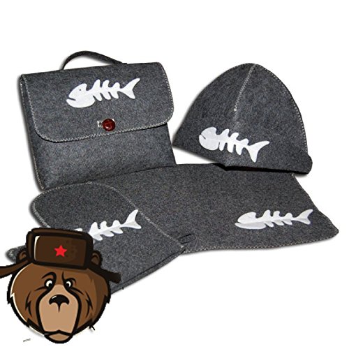 RussianBear Gray Wool Mixture Kit For Russian Banya And Sauna Bag Glove Hat And Mat Fisherman