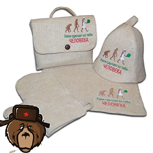 RussianBear White Wool Mixture Kit For Russian Banya And Sauna Bag Glove Hat And Mat Banya will make of you man