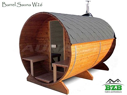 BZBCabinscom Barrel Sauna Kit W26 4 Person Outdoor Sauna With Harvia M3 Wood Burning Heater