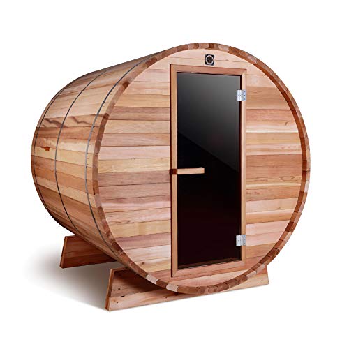 ALEKO SB4CEDAR Rustic Red Cedar Indoor Outdoor Wet Dry Barrel Sauna and Steam Room 45 kW ETL Certified Heater 4 Person 83 x 72 x 75 Inches