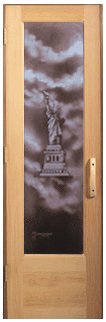 Sauna Door Patriotic Design--etched Glass With Lady Of Liberty Image Mfn