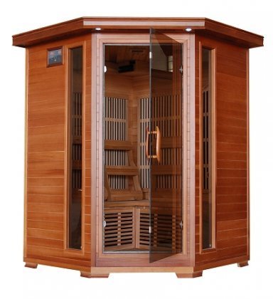 HeatWave SA1312 Hudson Bay 3 Person Corner Unit Cedar Infrared Sauna with 7 Carbon Heaters E-Z Touch Control Panel Oxygen Ionizer CHROMOTHERAPY System Recessed Interior Lighting and Built-In Sound