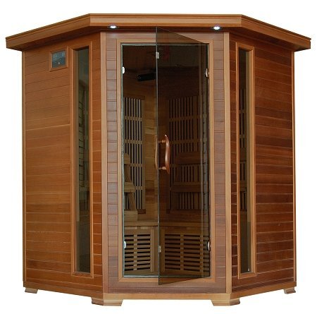HeatWave SA1320 Whistler 4 Person Cedar Corner Infrared Sauna with 10 Carbon Heaters Bronze Tinted Tempered Glass Door Oxygen Ionizer EZTouch Cortrol Panel CHROMOTHERAPY System and Sound