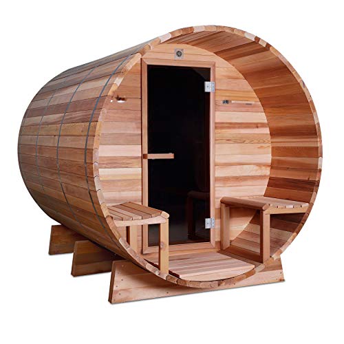 ALEKO Rustic Red Cedar Indoor Outdoor Wet Dry Barrel Sauna with Front Porch Canopy and 9 kW ETL Certified Heater 8 Person 93 x 72 x 75 Inches