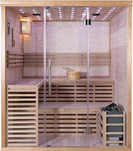 SDI Factory Direct 71 Wet Dry Traditional 3 Bench Swedish Steam SPA Sauna 4 Person 8KW Heater with Glass Windows - 220V - LED Lighting Bluetooth Water Bucket  Ladle - SYMT03ASS
