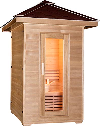 Symbolic Spas 2 Person Outdoor Steam Sauna - 4KW Wet Dry Heater 220V 30 Amp 200 Plus Degrees - Canadian Hemlock Wood - Asphalt Roof - Rocks Bucket Ladle - 1 Year Parts Warranty
