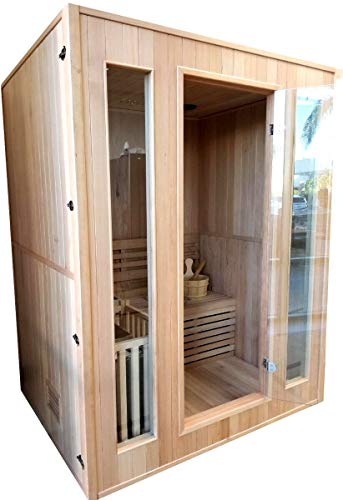 Symbolic Spas 3 Person Indoor Steam Sauna - 6KW Wet Dry Heater 220V 40 Amp 200 Plus Degrees - Canadian Hemlock Wood - Lava Rocks Bucket Ladle LED Light Thermometer Timer - 51 Year Parts Warranty