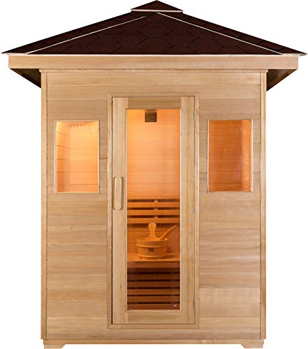 Symbolic Spas 3 Person Outdoor Steam Sauna - 4KW Wet Dry Heater 220V 30 Amp 200 Plus Degrees - Canadian Hemlock Wood - Asphalt Roof - Rocks Bucket Ladle - 1 Year Parts Warranty