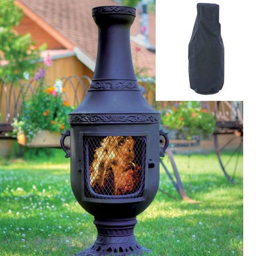 Blue Rooster Venetian Style Wood Burning Outdoor Metal Chiminea Fireplace Charcoal Color with Large Black Cover