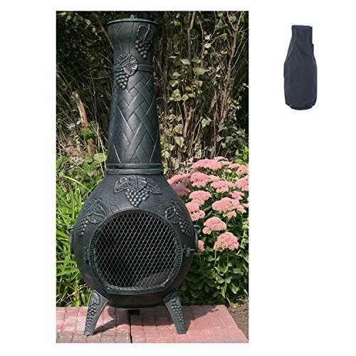 Blue Rooster Grape Style Wood Burning Outdoor Metal Chiminea Fireplace Antique Green Color With Large Black Cover